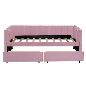 English Elm Twin Upholstered Daybed with Ergonomic Backrest, Classic Stripe Headboard and Hidden Storage Drawers Pink SF000071AAH