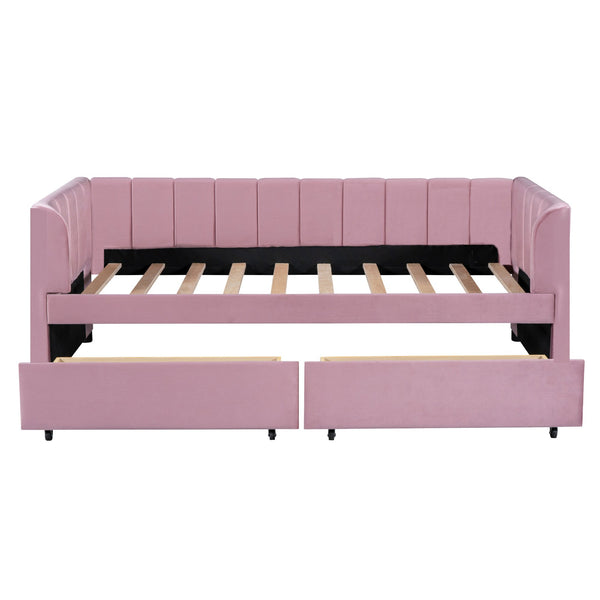 English Elm Twin Upholstered Daybed with Ergonomic Backrest, Classic Stripe Headboard and Hidden Storage Drawers Pink SF000071AAH