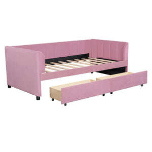 English Elm Twin Upholstered Daybed with Ergonomic Backrest, Classic Stripe Headboard and Hidden Storage Drawers Pink SF000071AAH