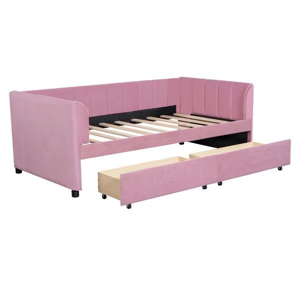 English Elm Twin Upholstered Daybed with Ergonomic Backrest, Classic Stripe Headboard and Hidden Storage Drawers Pink SF000071AAH