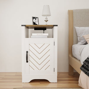 English Elm Farmhouse Rustic Nightstand Set of 2 with Built-in Charging Station and Open Display Shelf White+Oak B082134942