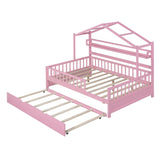 Hearth and Haven Wooden Full Size House Bed with Twin Size Trundle, Kids Bed with Shelf WF301683AAH