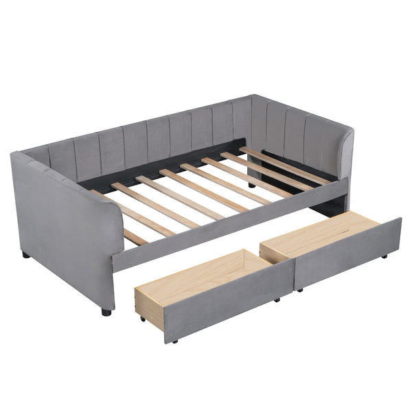 English Elm Twin Upholstered Daybed with Ergonomic Backrest, Classic Stripe Headboard and Hidden Storage Drawers Gray SF000071AAE