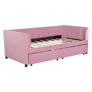 English Elm Twin Upholstered Daybed with Ergonomic Backrest, Classic Stripe Headboard and Hidden Storage Drawers Pink SF000071AAH