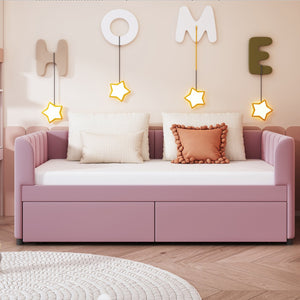 English Elm Twin Upholstered Daybed with Ergonomic Backrest, Classic Stripe Headboard and Hidden Storage Drawers Pink SF000071AAH