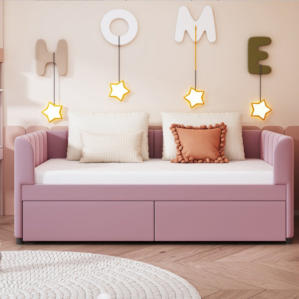 English Elm Twin Upholstered Daybed with Ergonomic Backrest, Classic Stripe Headboard and Hidden Storage Drawers Pink SF000071AAH