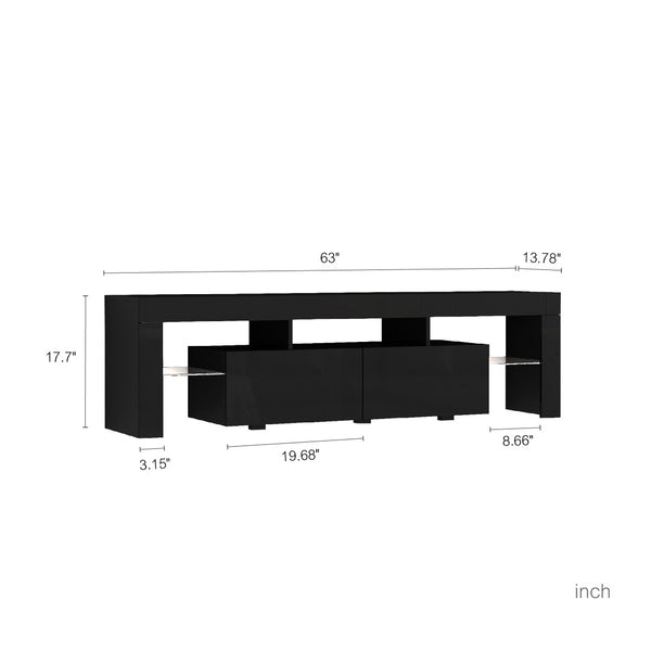 English Elm High Gloss Black Tv Console with Led Ambiance Lighting Storage Cabinets Modern Living Room W1321126658