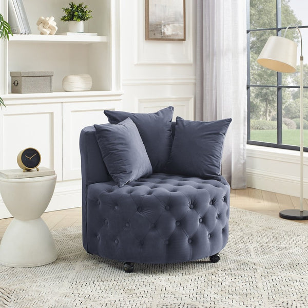 English Elm Velvet Tufted Swivel Accent Chair with Caster Wheels and Pillows for Living Room W487124834