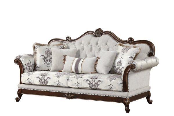 English Elm Gloria Royal Traditional 5PC Living Room Set in Ivory with Button Tufting, Floral Upholstery & Cherry Tables B009S01333
