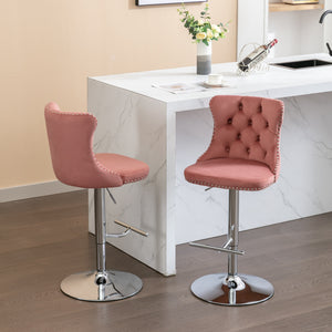 English Elm Swivel Velvet Barstools with Tufted Back and Chrome Base, Adjustable 25-33" Height, 360° Comfort Pink W1143124778