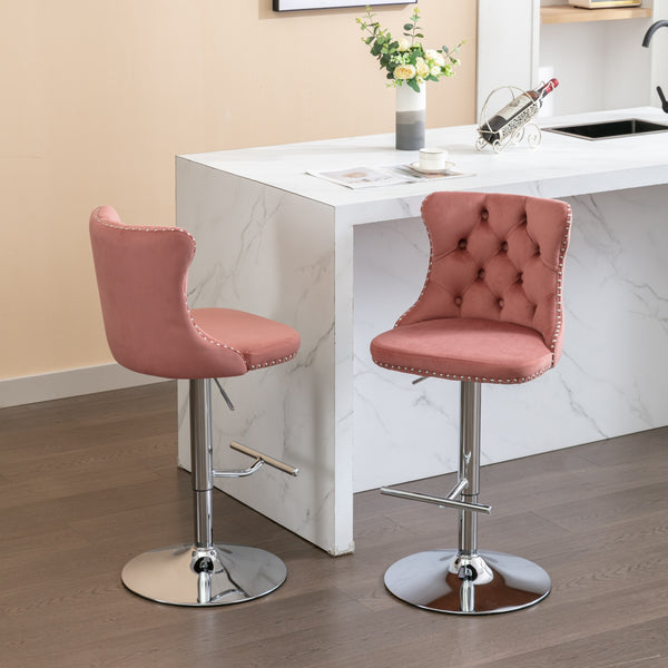 English Elm Swivel Velvet Barstools Adjustable 25–33" Seat Height, Tufted Back, Chrome Base, Modern Pub Comfort Pink W1143124778