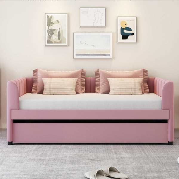 English Elm Twin Upholstered Daybed with Ergonomic Backrest and Velvet Finish, Twin Trundle for Guests and Space Saving Pink SF000072AAH