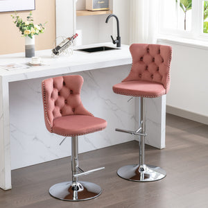 English Elm Swivel Velvet Barstools with Tufted Back and Chrome Base, Adjustable 25-33" Height, 360° Comfort Pink W1143124778
