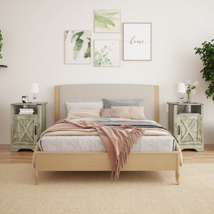English Elm Farmhouse Rustic Nightstand Set of 2 with Built-in Charging Station and Open Display Shelf Light Grey B082134939