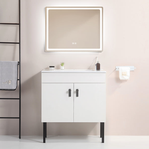 English Elm 24''Bathroom wall-mounted vanity with metal kickstand, solid wood compact design, glossy ceramic sink White W1882127198