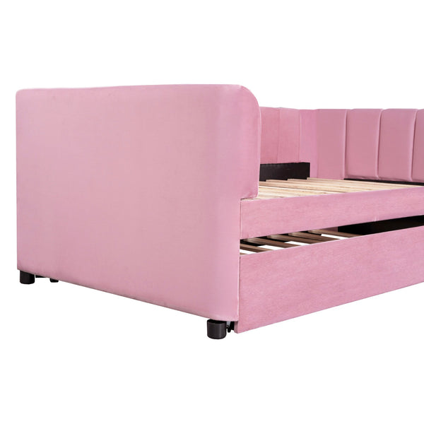 English Elm Twin Upholstered Daybed with Ergonomic Backrest and Velvet Finish, Twin Trundle for Guests and Space Saving Pink SF000072AAH