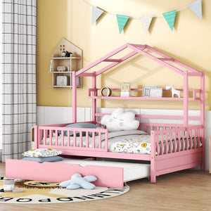 Hearth and Haven Wooden Full Size House Bed with Twin Size Trundle, Kids Bed with Shelf WF301683AAH