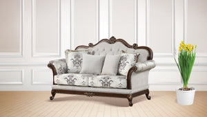 English Elm Gloria Royal Traditional 5PC Living Room Set in Ivory with Button Tufting, Floral Upholstery & Cherry Tables B009S01333