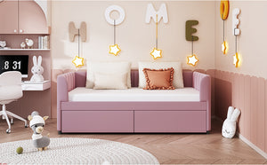 English Elm Twin Upholstered Daybed with Ergonomic Backrest, Classic Stripe Headboard and Hidden Storage Drawers Pink SF000071AAH