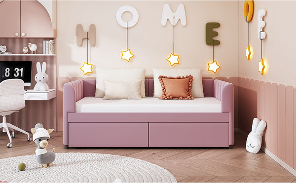 English Elm Twin Upholstered Daybed with Ergonomic Backrest, Classic Stripe Headboard and Hidden Storage Drawers Pink SF000071AAH