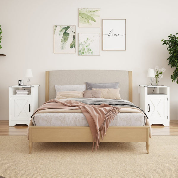 English Elm Farmhouse Rustic Nightstand Set of 2 with Built-in Charging Station and Open Display Shelf White B082134941
