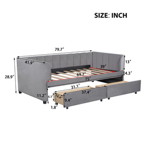English Elm Twin Upholstered Daybed with Ergonomic Backrest, Classic Stripe Headboard and Hidden Storage Drawers Gray SF000071AAE