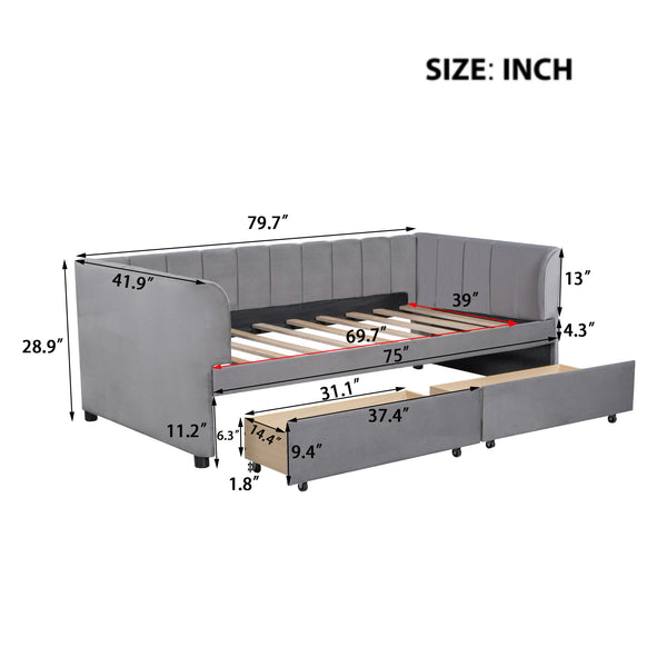 English Elm Twin Upholstered Daybed with Ergonomic Backrest, Classic Stripe Headboard and Hidden Storage Drawers Gray SF000071AAE