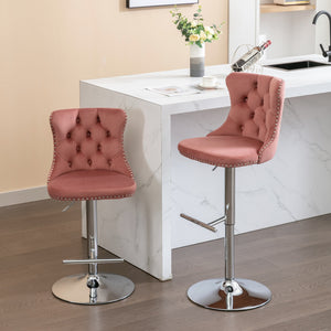 English Elm Swivel Velvet Barstools with Tufted Back and Chrome Base, Adjustable 25-33" Height, 360° Comfort Pink W1143124778