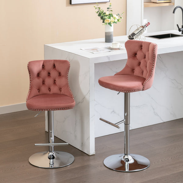 English Elm Swivel Velvet Barstools Adjustable 25–33" Seat Height, Tufted Back, Chrome Base, Modern Pub Comfort Pink W1143124778