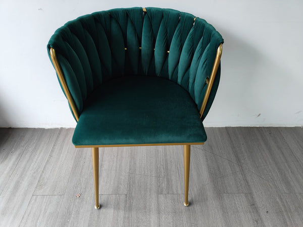 English Elm Modern Velvet Dining Chairs Set of 2 with Woven Backrest and Gold Metal Legs, Elegant Arc Design for Home Green W1117P209797