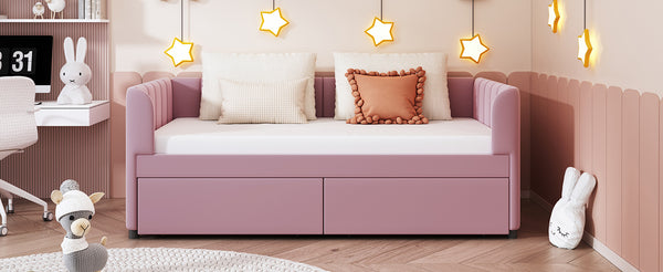 English Elm Twin Upholstered Daybed with Ergonomic Backrest, Classic Stripe Headboard and Hidden Storage Drawers Pink SF000071AAH