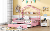 English Elm Wooden Full Size House Bed With Twin Size Trundle,Kids Bed With Shelf, Pink