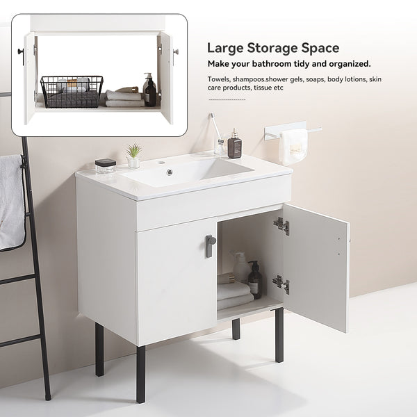 English Elm 24''Bathroom wall-mounted vanity with metal kickstand, solid wood compact design, glossy ceramic sink White W1882127198