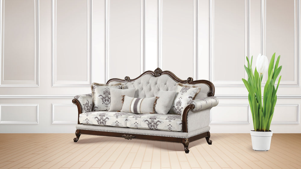 English Elm Gloria Royal Traditional 2PC Living Room Set with Intricate Floral Upholstery and Button Tufting Ivory B009S01065