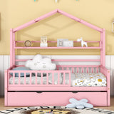 Hearth and Haven Wooden Full Size House Bed with Twin Size Trundle, Kids Bed with Shelf WF301683AAH