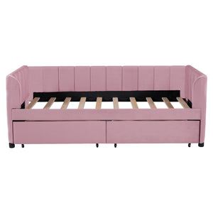 English Elm Twin Upholstered Daybed with Ergonomic Backrest, Classic Stripe Headboard and Hidden Storage Drawers Pink SF000071AAH