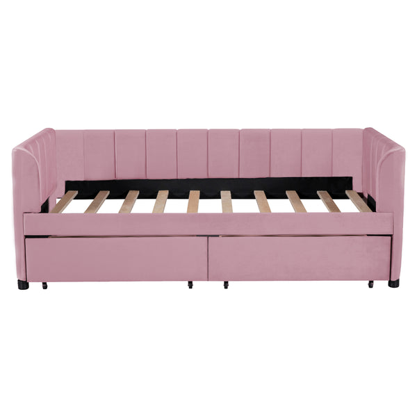 English Elm Twin Upholstered Daybed with Ergonomic Backrest, Classic Stripe Headboard and Hidden Storage Drawers Pink SF000071AAH