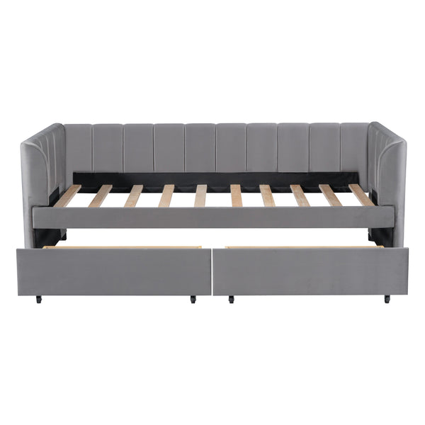 English Elm Twin Upholstered Daybed with Ergonomic Backrest, Classic Stripe Headboard and Hidden Storage Drawers Gray SF000071AAE