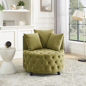 Hearth and Haven Velvet Upholstered Swivel Chair For Living Room, with Button Tufted Design and Movable Wheels, Including 3 Pillows, Khaki Green W487130124
