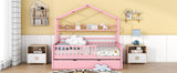 English Elm Wooden Full Size House Bed With Twin Size Trundle,Kids Bed With Shelf, Pink