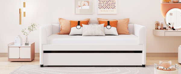 English Elm Twin Upholstered Daybed with Ergonomic Backrest and Velvet Finish, Twin Trundle for Guests and Space Saving Beige SF000072AAA