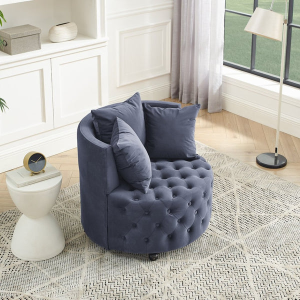 English Elm Velvet Tufted Swivel Accent Chair with Caster Wheels and Pillows for Living Room W487124834