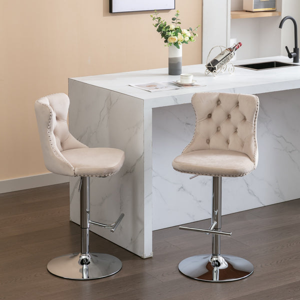 English Elm Swivel Velvet Barstools Adjustable 25–33" Seat Height, Tufted Back, Chrome Base, Modern Pub Comfort Beige W1143124777