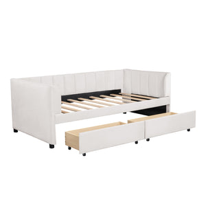 English Elm Twin Upholstered Daybed with Ergonomic Backrest, Classic Stripe Headboard and Hidden Storage Drawers Beige SF000071AAA