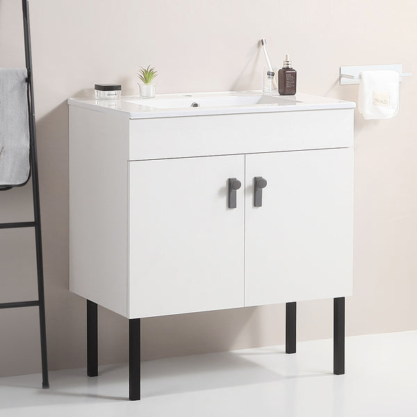 English Elm 24''Bathroom wall-mounted vanity with metal kickstand, solid wood compact design, glossy ceramic sink White W1882127198