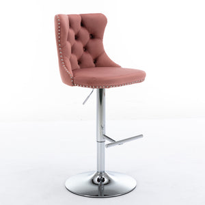 English Elm Swivel Velvet Barstools Adjustable 25–33" Seat Height, Tufted Back, Chrome Base, Modern Pub Comfort Pink W1143124778