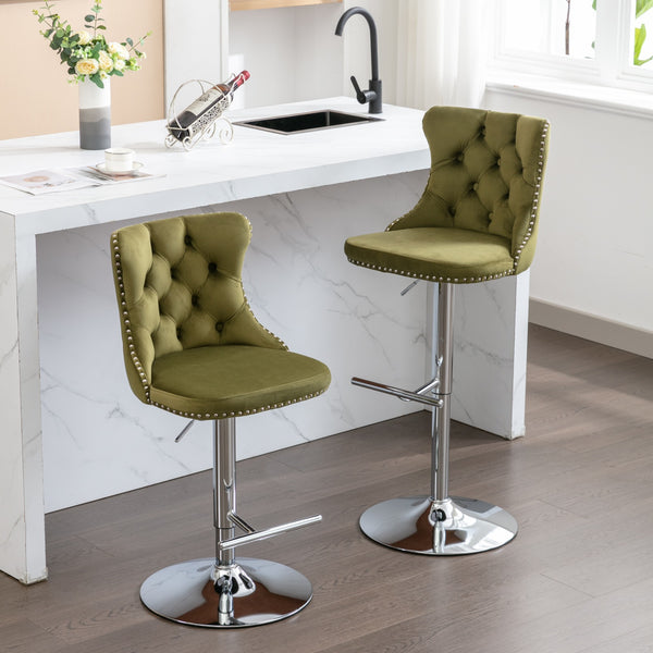 English Elm Swivel Velvet Barstools with Tufted Back and Chrome Base, Adjustable 25-33" Height, 360° Comfort Olive Green W1143124780