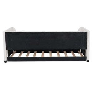 English Elm Twin Upholstered Daybed with Ergonomic Backrest and Velvet Finish, Twin Trundle for Guests and Space Saving Beige SF000072AAA