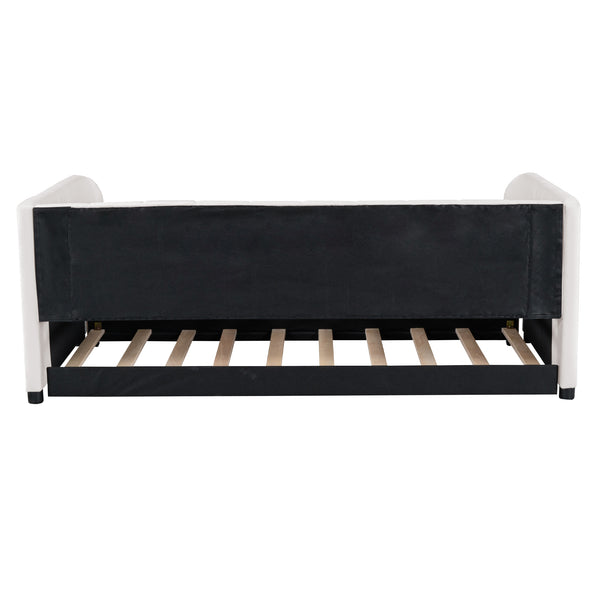 English Elm Twin Upholstered Daybed with Ergonomic Backrest and Velvet Finish, Twin Trundle for Guests and Space Saving Beige SF000072AAA