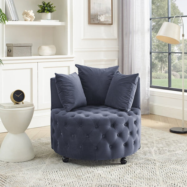 English Elm Velvet Tufted Swivel Accent Chair with Caster Wheels and Pillows for Living Room W487124834